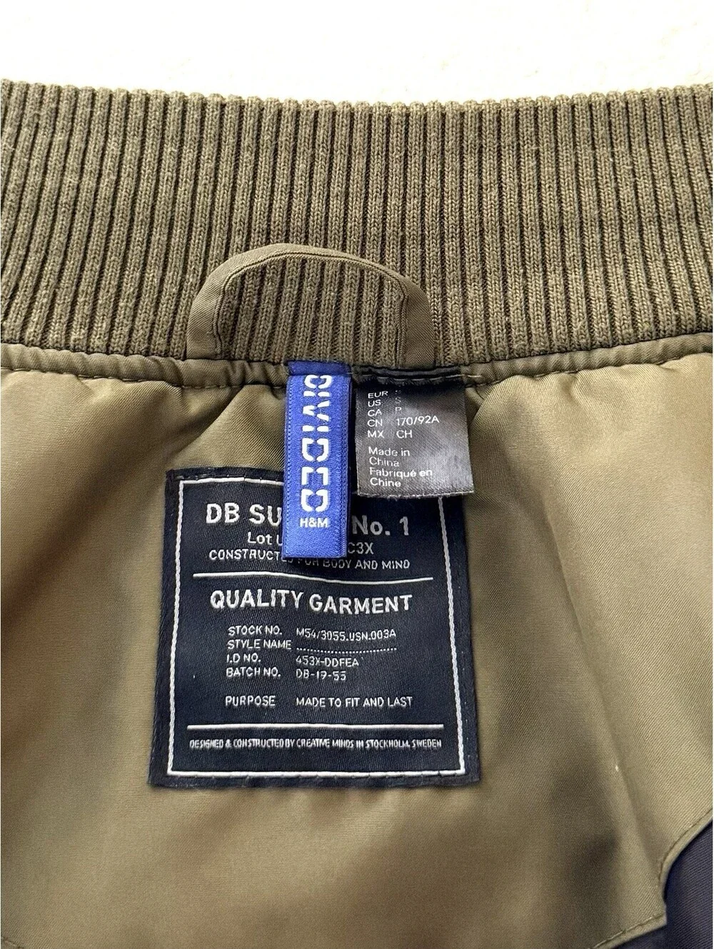 H&M Divided DB Supply No. 1 Men’s Bomber Jacket Olive Green Size S Padded